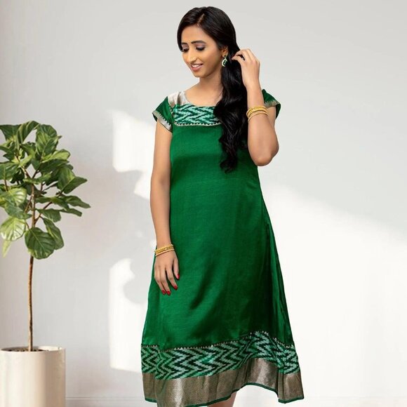 Ethno-Chic Dark Green Silk Knee Dress | Muvvas Boutique - Picture 1 of 3